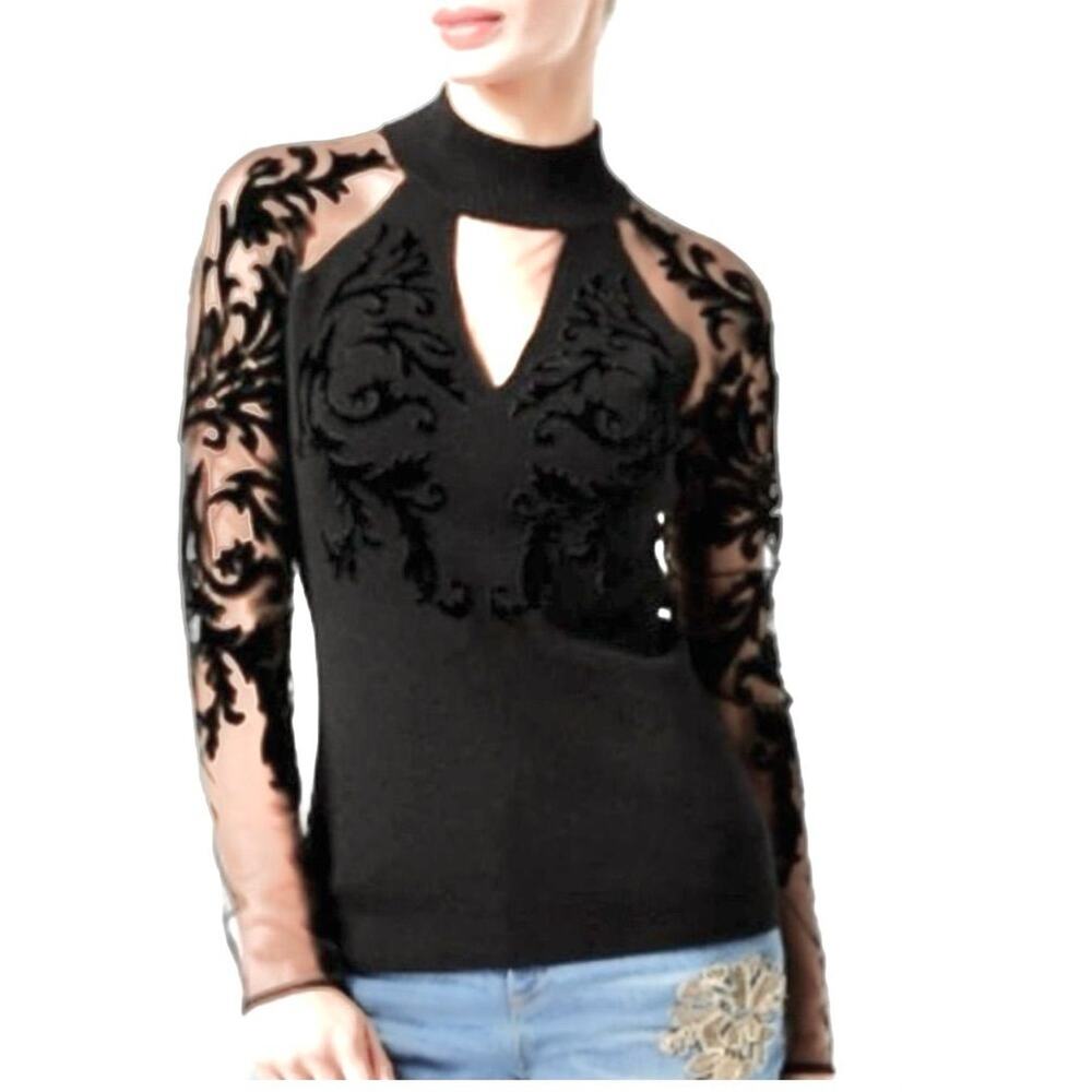 NWT International Concepts Mock Neck Velvet Flocked Mesh Sweater Top Black L